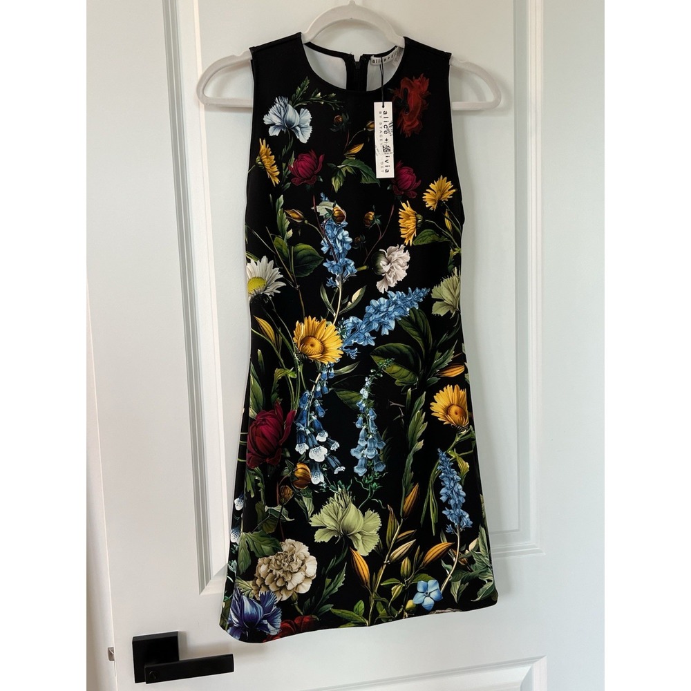 NWT Alice + Olivia Wynell A-line Mini Dress Black Floral Sleeveless Size 2 - Picture 3 of 13